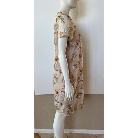 Neiman Marcus Embroidered Mesh Overlay Floral Tan Dress Sz 10 Church Wedding - Picture 2 of 13